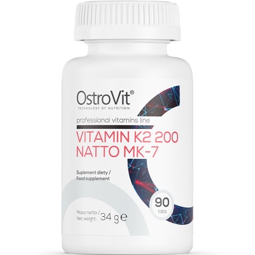OstroVit Vitamin K2 200 Natto MK-7 90 tabs dietary supplement, professional vitamins line, white bottle with modern design, 34g net weight.