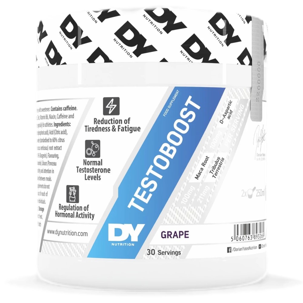 DY Nutrition Testoboost grape flavour testosterone support supplement, 30 servings, with maca root, D-aspartic acid, and tribulus terrestris, in a white and blue container.