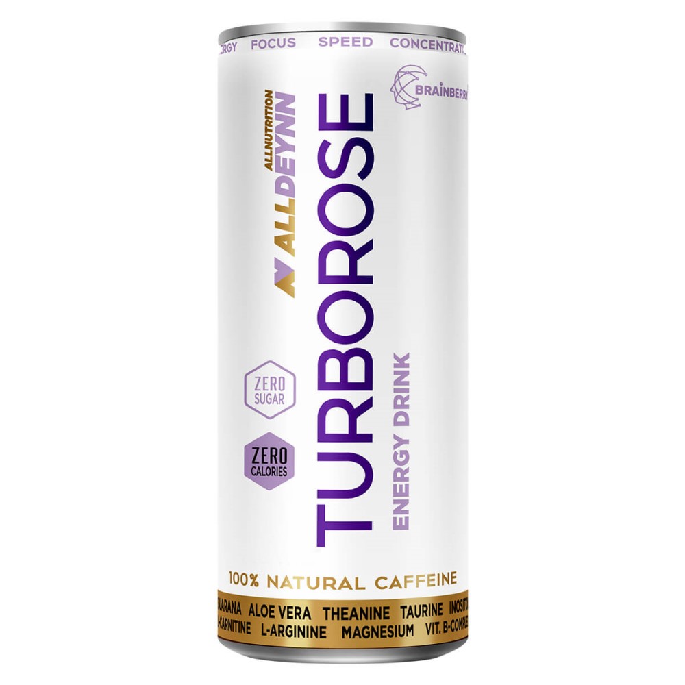 Allnutrition ALLDEYNN Turborose Energy Drink 330ml, zero sugar, zero calories, with natural caffeine, guarana, aloe vera, theanine, taurine, and B-complex vitamins in a white and gold can.