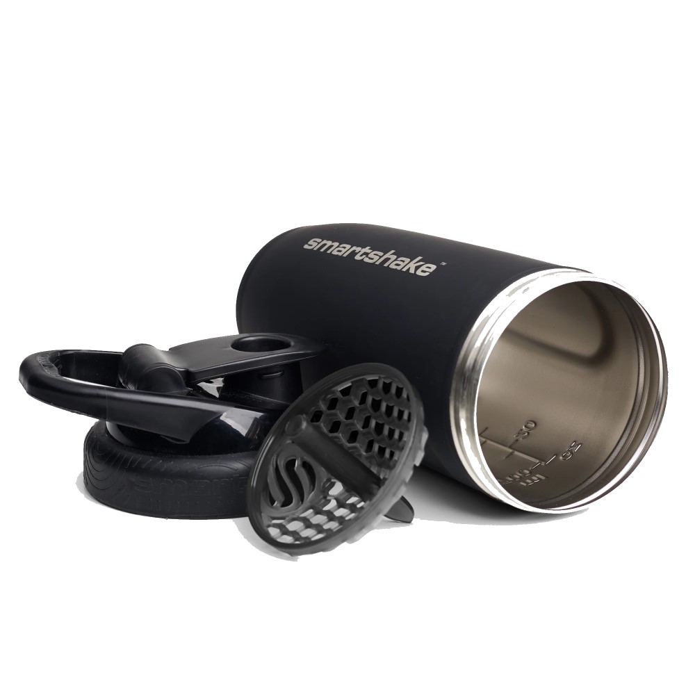 Smartshake Reforce black shaker bottle, stainless steel insulated protein shaker with mixing grid and detachable lid, designed for mixing supplements or drinks.