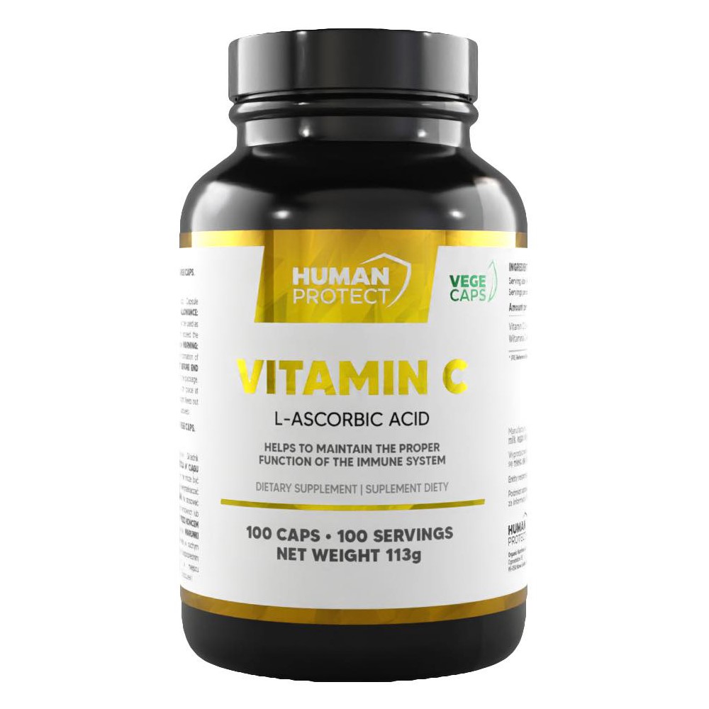 Human Protect Vitamin C 1000mg 100 Vege Caps bottle, white container with label, vegan supplement capsules