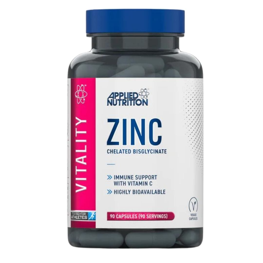 Applied Nutrition Zinc Chelated Bisglycinate supplement, 90 veggie capsules for immune support with vitamin C, highly bioavailable, in a blue and white bottle.