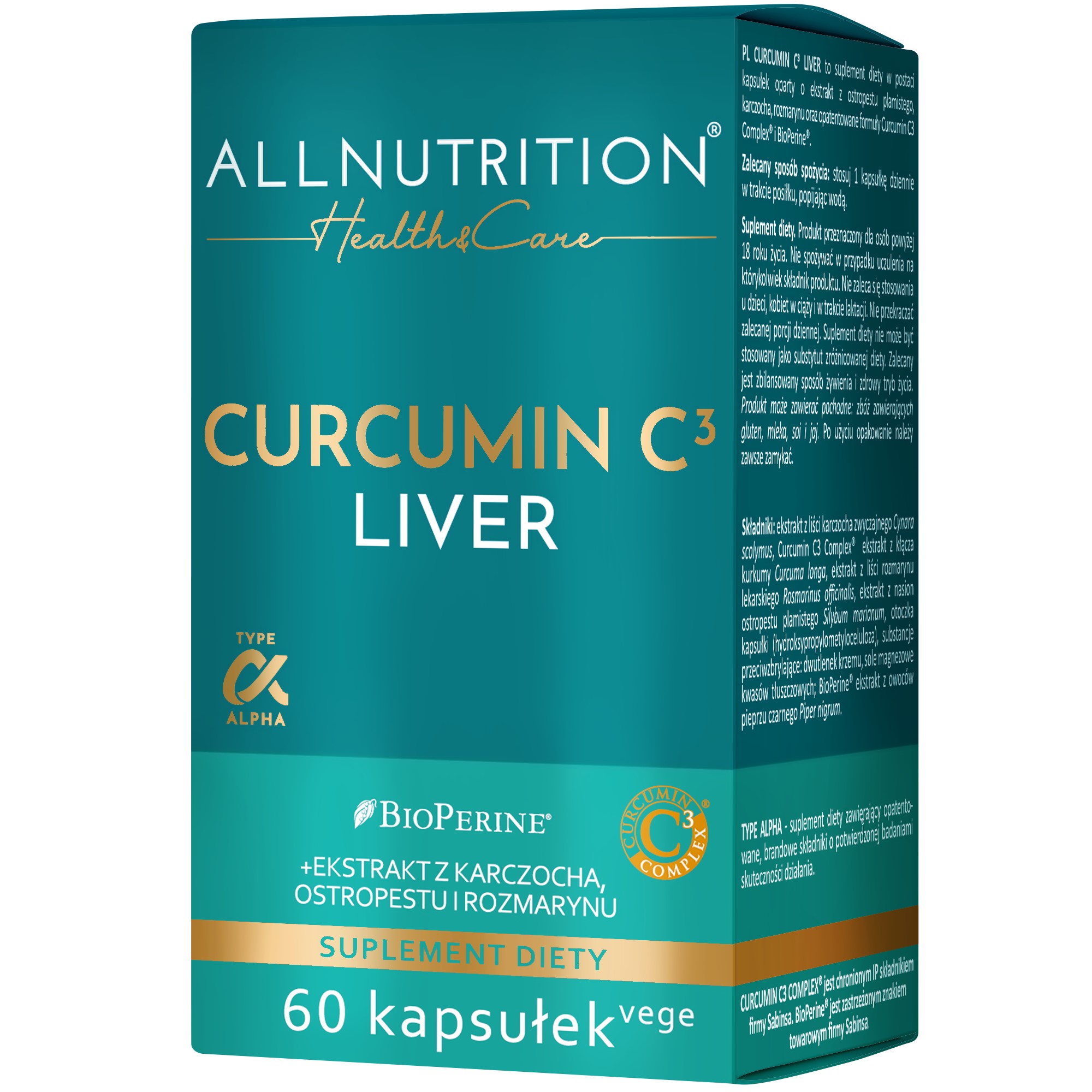 Allnutrition Curcumin C3 Liver 60 vege capsules, a dietary supplement with BioPerine, artichoke, milk thistle, and rosemary extracts, designed for liver support. Teal and gold packaging.