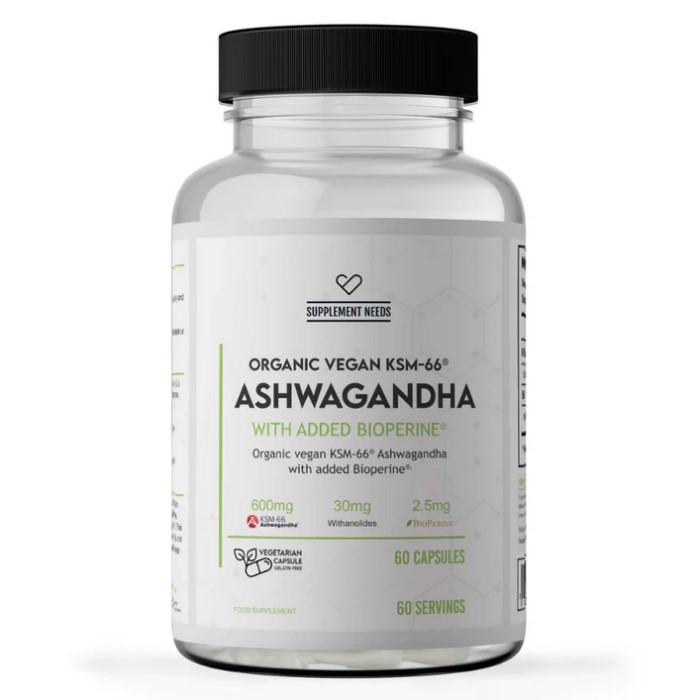 Supplement Needs Ashwagandha KSM-66 organic vegan capsules with added BioPerine, 60 count, white label with black lid, vegan supplement for stress support.