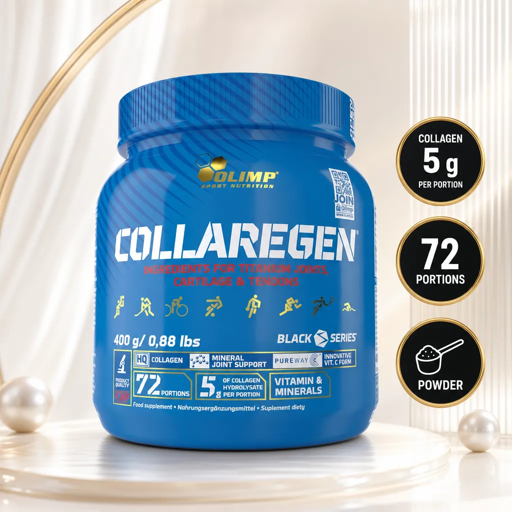 Olimp Collaregen 400g collagen supplement powder in a blue container, with 5g collagen per portion and 72 servings