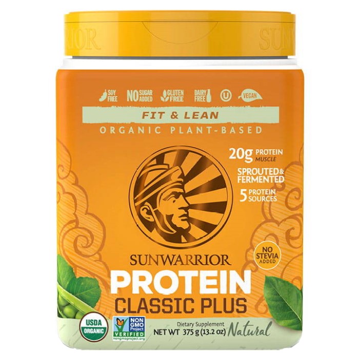 Sunwarrior Protein Classic Plus organic plant-based protein powder, 375g, natural flavour, vegan, gluten-free, soy-free, and dairy-free supplement in an orange container.