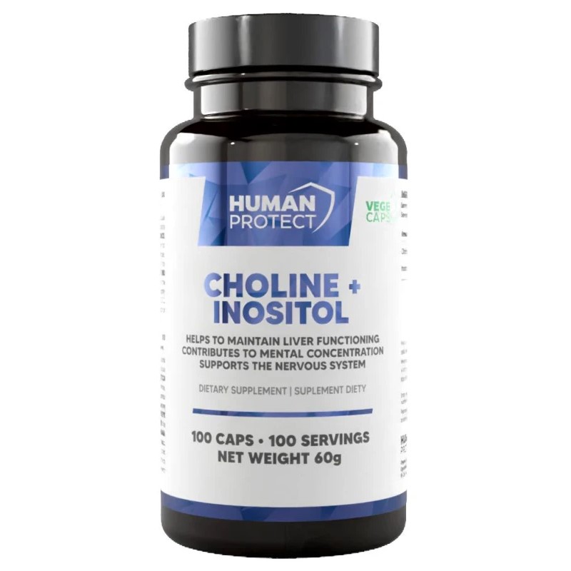 Human Protect Choline + Inositol dietary supplement, 100 vege capsules, supports liver function, mental concentration, and the nervous system, in a dark bottle with blue and white label.