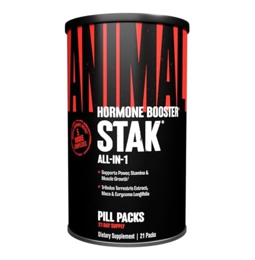 Universal Animal Stak Hormone Booster supplement, 21 pill packs for power, stamina, and muscle growth, in a black and red cylindrical container.