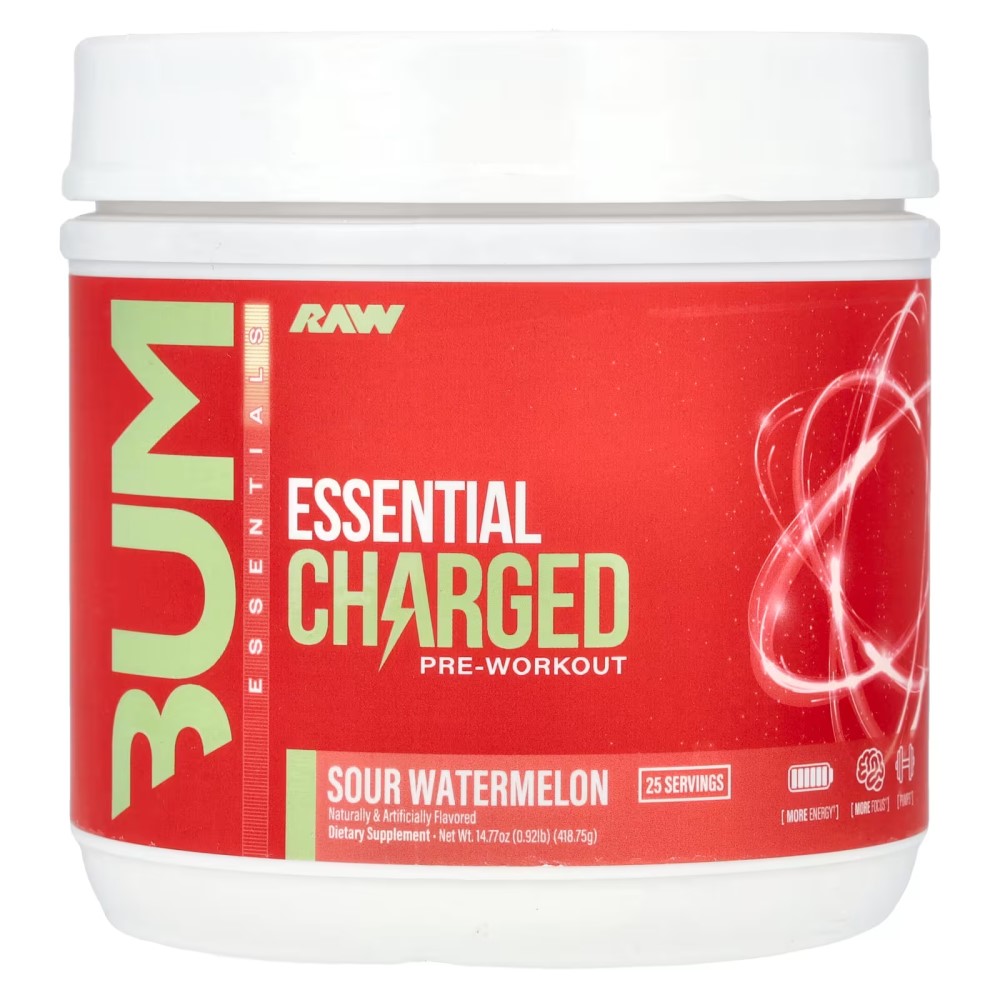 RAW CBUM Essential Charged Pre-Workout in sour watermelon flavour, 25 servings, a red-labelled dietary supplement for energy and focus support.