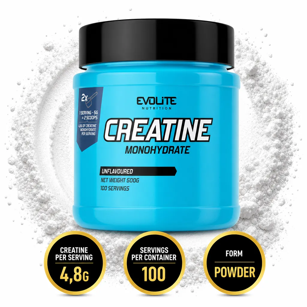 Evolite Creatine Monohydrate 500g unflavoured powder supplement in a bright blue tub with 100 servings