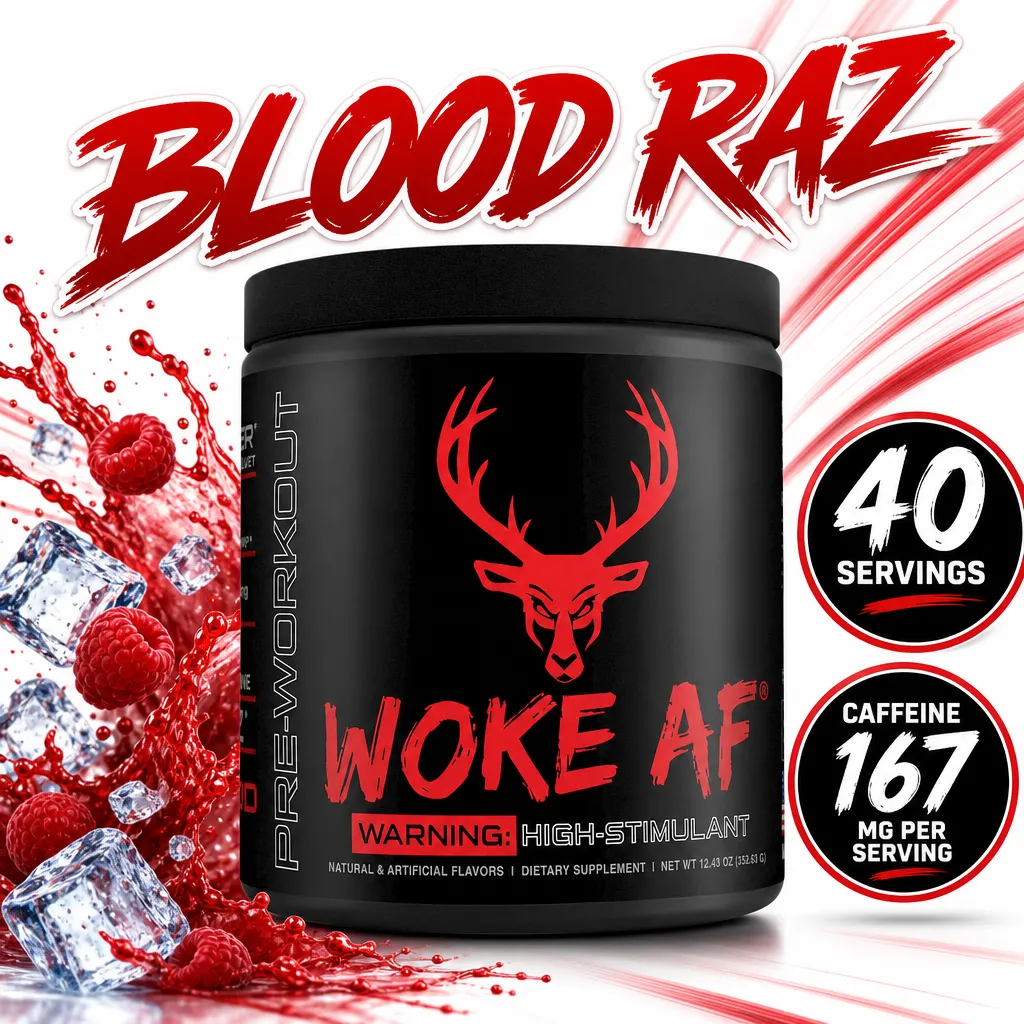 Bucked Up Woke AF Blood Raz pre-workout powder, 40 servings with 167 mg caffeine per serving in a black container