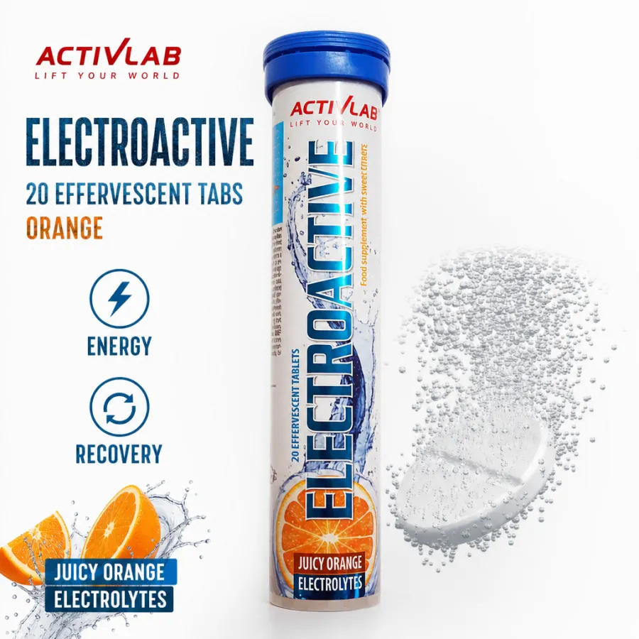 ActivLab Electroactive 20 Effervescent Tabs Orange, electrolyte supplement with juicy orange flavour, designed for hydration and energy support in a tube format.