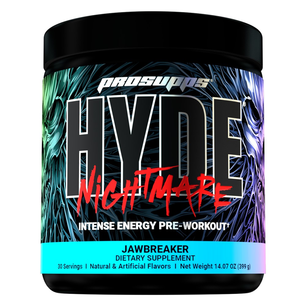 ProSupps Hyde Nightmare intense energy pre-workout supplement in Jawbreaker flavor, 30 servings, 399g, with a colorful abstract label design.