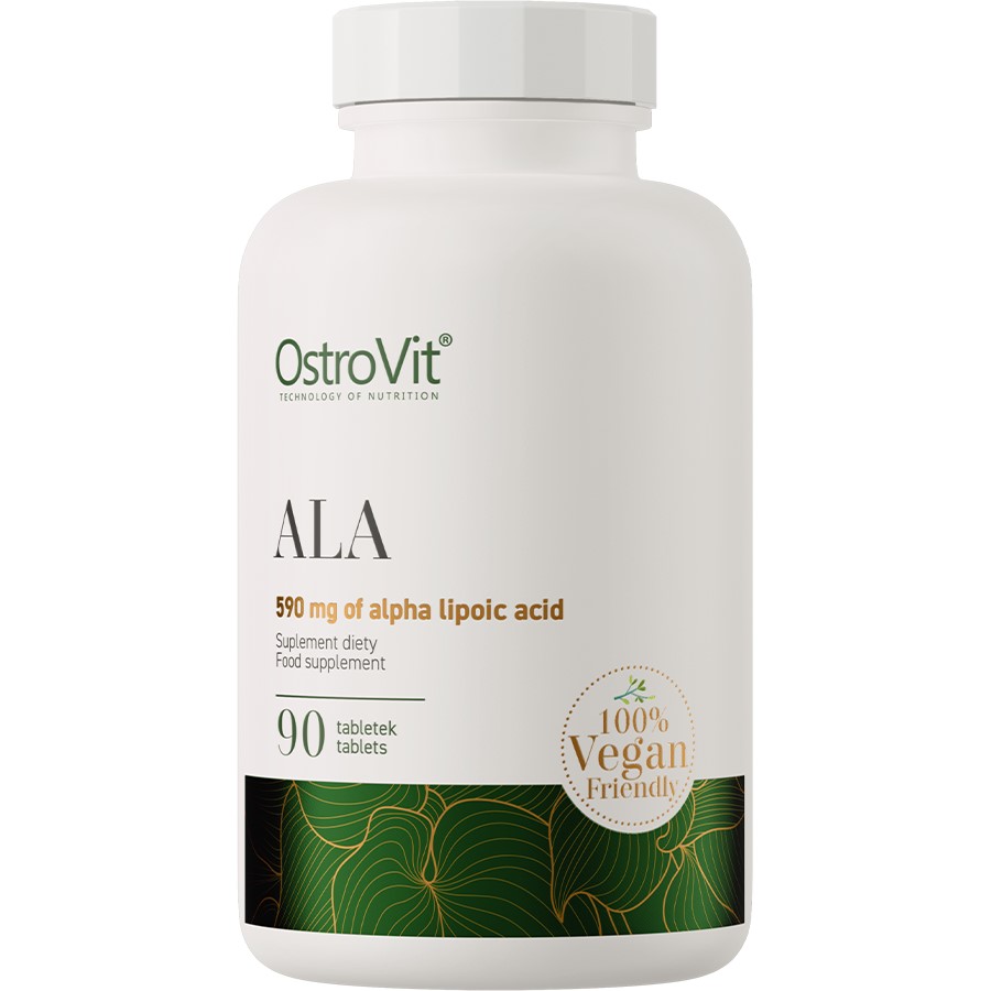 OstroVit ALA 90 tablets vegan-friendly alpha lipoic acid food supplement, 590 mg per tablet, in a white bottle with green and gold design.