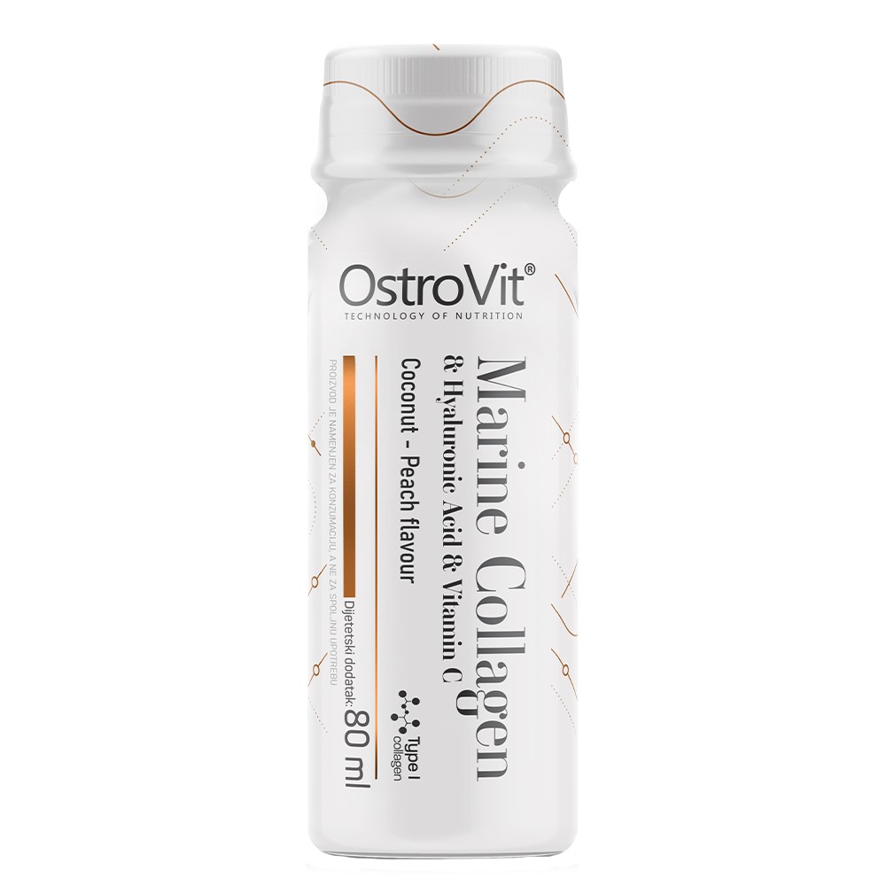 OstroVit Marine Collagen Shot with hyaluronic acid and vitamin C, coconut and peach flavour, 80ml bottle, white with gold accents.
