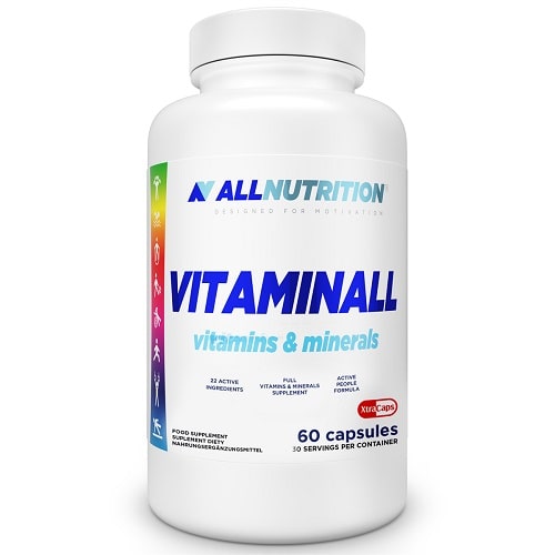 Allnutrition Vitaminall Vitamins & Minerals, a multivitamin and mineral supplement in a white bottle containing 60 capsules, designed to support daily nutrition.