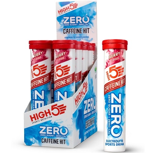 High5 Zero Caffeine Hit electrolyte sports drink, berry flavour, effervescent tabs with zero sugar and zero calories, in a red and blue tube packaging.