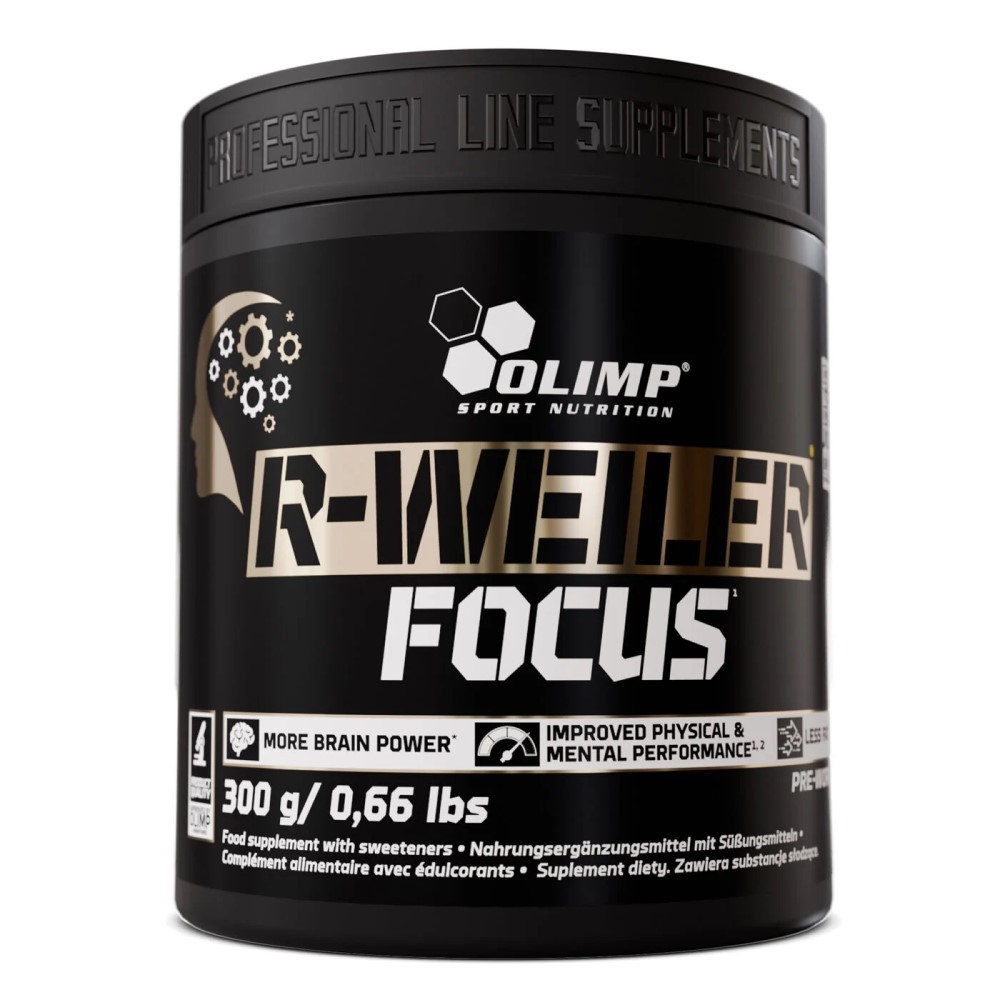 Olimp R-Weiler Focus 300g pre-workout supplement for improved physical and mental performance, black container with gold and white text.