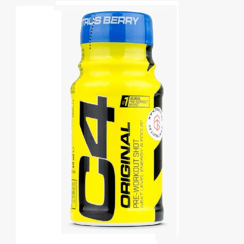 Cellucor C4 Pre Workout Shot Citrus Berry 60ml features a ready-to-drink, sugar-free pre-workout supplement in a compact yellow and blue bottle, designed for energy and focus.