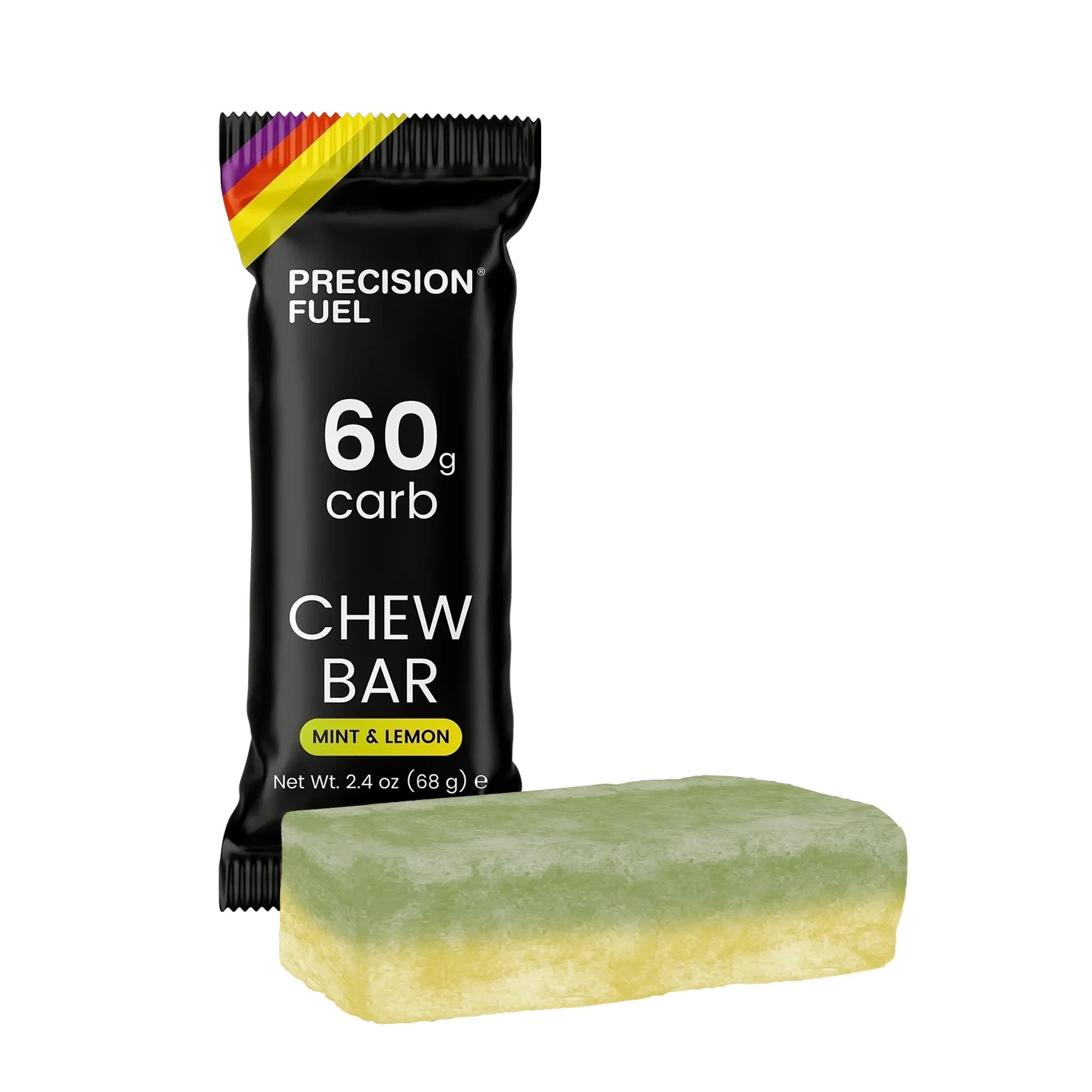 Precision Fuel Chew Bar 68g Mint & Lemon is a high-carb, vegan-friendly endurance chew bar with 60g carbohydrates per serving, shown in a two-tone green and yellow form.