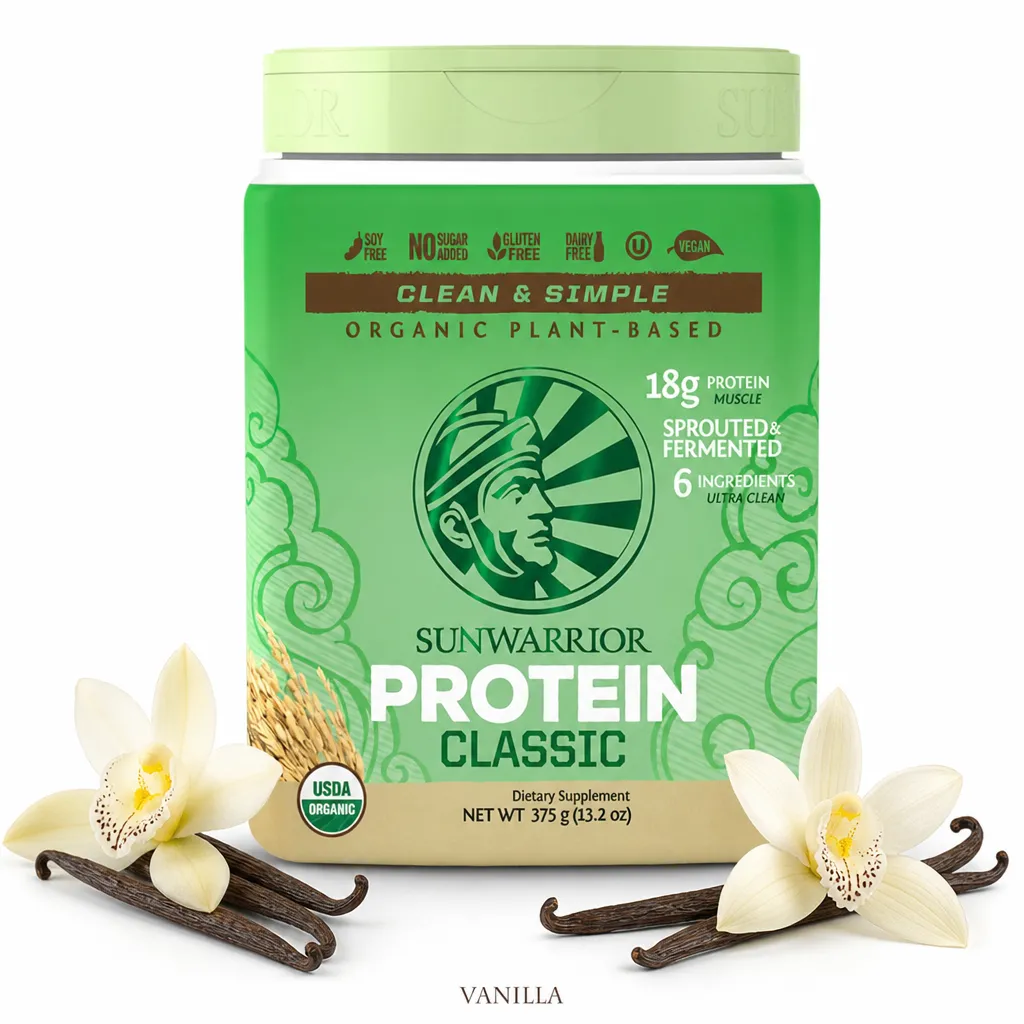 Sunwarrior Protein Classic Organic 375g vanilla flavour, plant-based protein powder made from organic fermented brown rice, vegan, gluten-free, and soy-free.