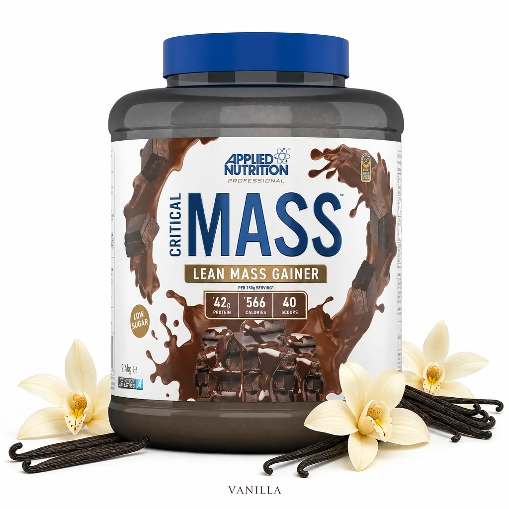 Applied Nutrition Critical Mass Professional 2400g vanilla flavour mass gainer supplement with 42g protein, 566 calories per serving, and added creatine, HMB, and digestive enzymes.