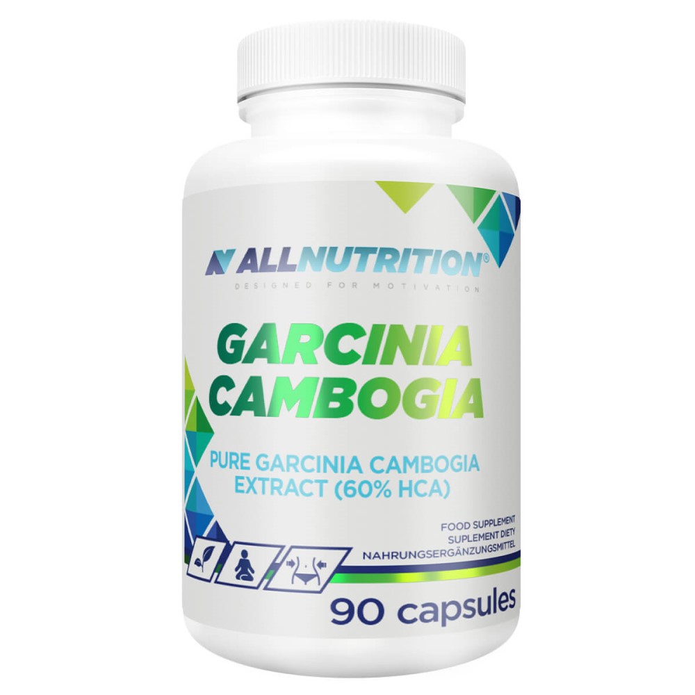 Allnutrition Garcinia Cambogia 90 capsules dietary supplement with pure garcinia cambogia extract (60% HCA), white bottle with green and blue accents.