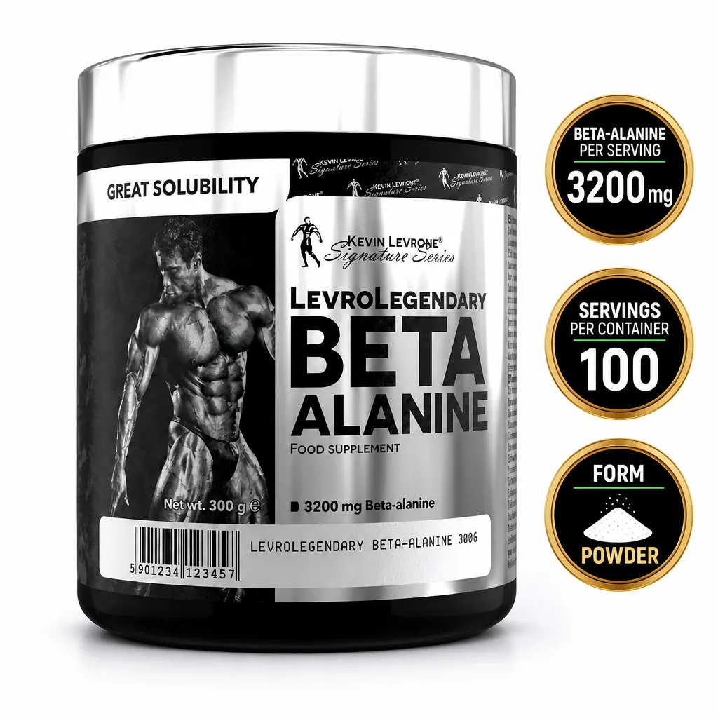Kevin Levrone Levro Legendary Beta Alanine 300g powder supplement with 3200 mg beta-alanine per serving in a black and silver tub