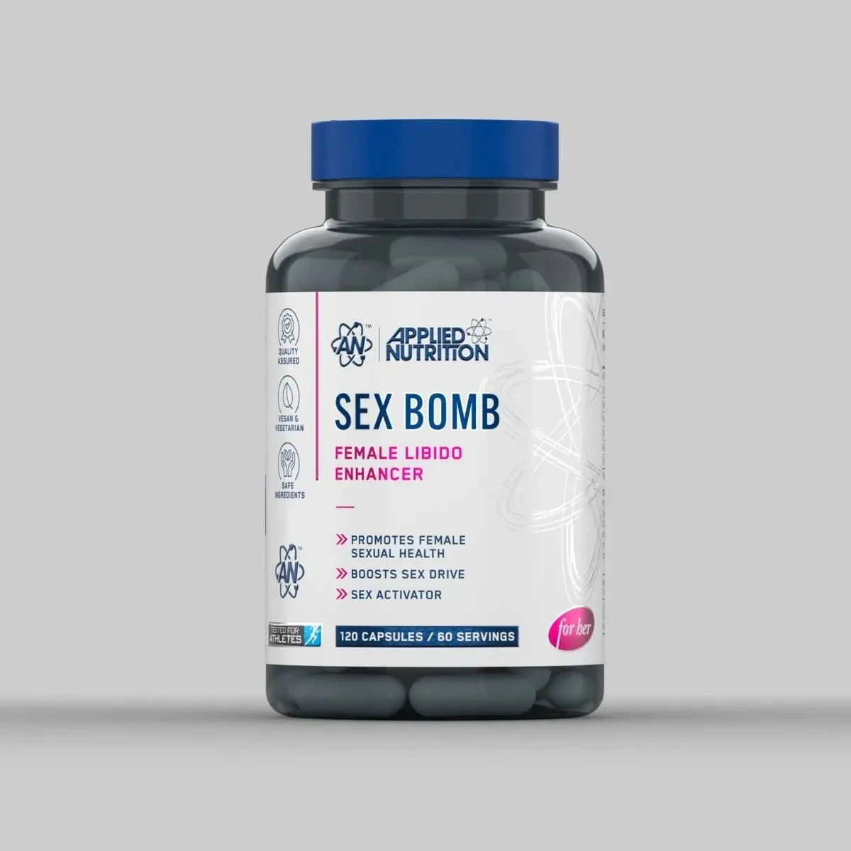 Applied Nutrition Sex Bomb For Her 120 Vege Caps, a female libido enhancement supplement in a blue-capped bottle, designed to promote sexual health and vitality.