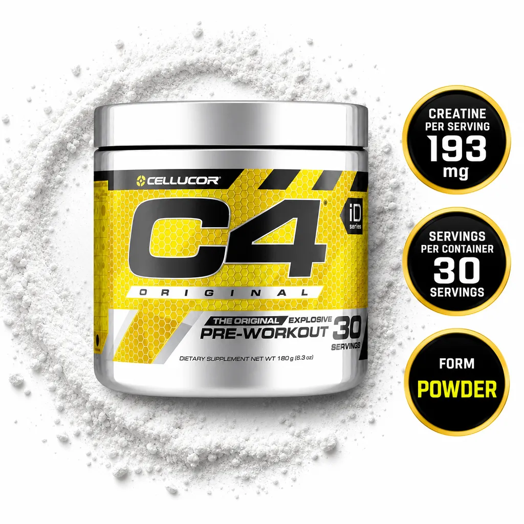 Cellucor C4 Original pre-workout supplement powder in a 30-serving tub with a yellow and black label