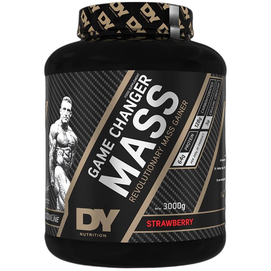 DY Game Changer Mass 3000g strawberry flavour mass gainer supplement with high protein and carbohydrates, black container with gold and red accents.