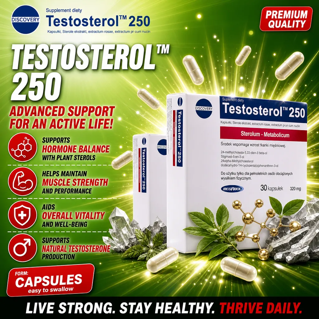 Megabol Testosterol 250 capsules, a dietary supplement with plant sterols for hormone balance, muscle strength, and vitality, shown in a white and blue box with capsules and plant graphics.