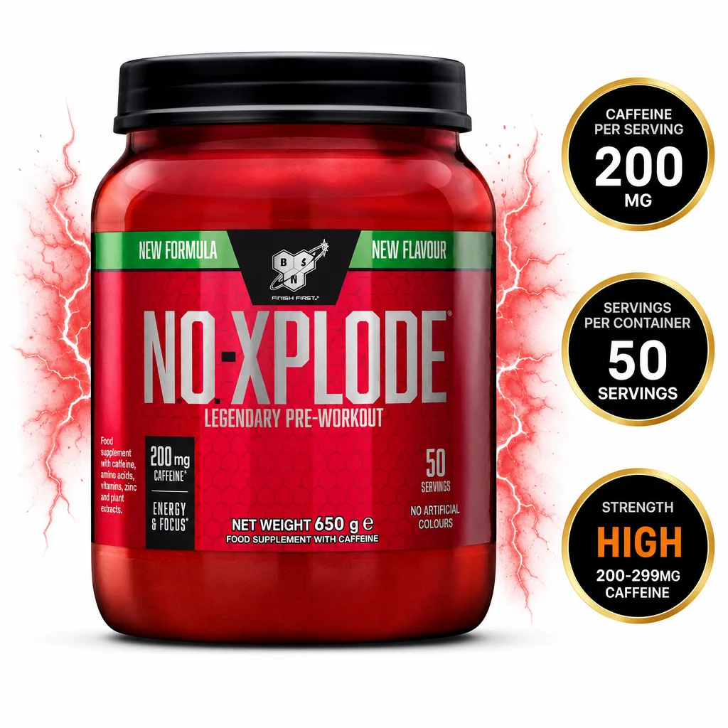 BSN NO Xplode 50 Servings pre-workout supplement in a red tub, featuring 200mg caffeine per serving and high-strength formula