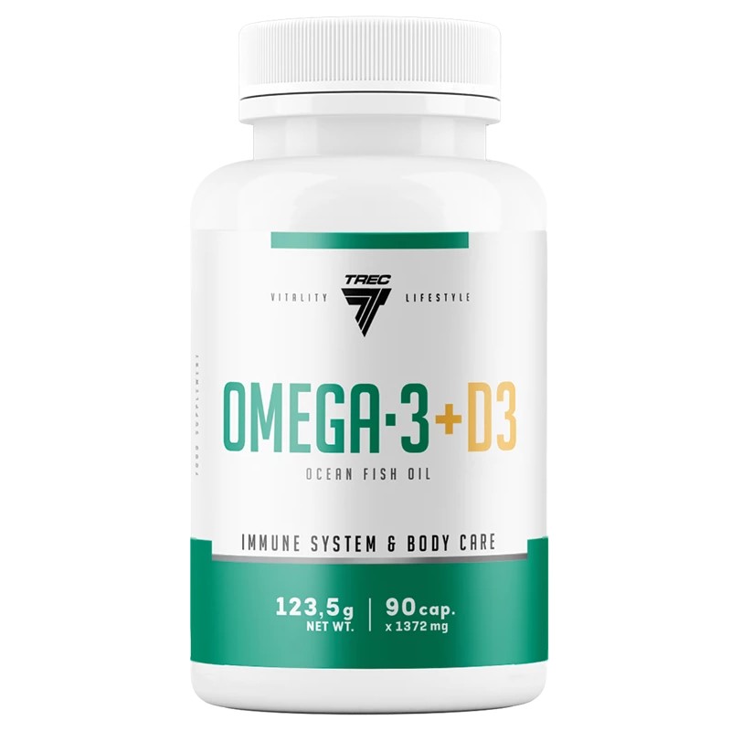 Trec Omega-3 + D3 ocean fish oil supplement, 90 capsules, for immune system and body care, white bottle with green and yellow accents.