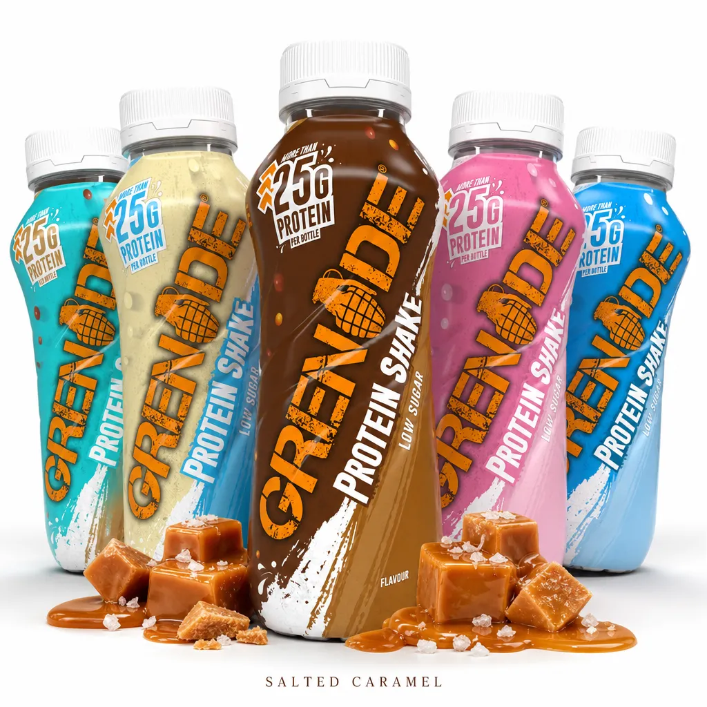 Grenade Shake 330ml x4 high-protein ready-to-drink shakes in assorted flavours, each bottle providing over 25g protein and low sugar, ideal for active lifestyles.