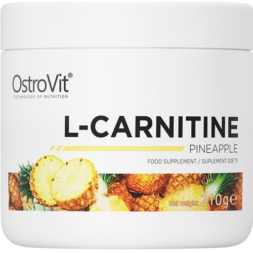 OstroVit L-Carnitine pineapple flavour food supplement, 210g tub, featuring a white container with pineapple imagery and bold black text.