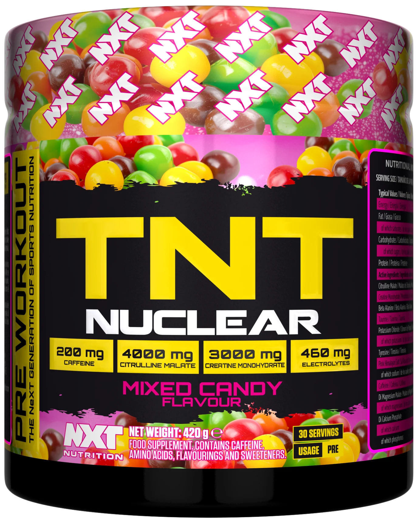 NXT Nutrition TNT Nuclear 420g container with a visible scoop of powder beside the tub.