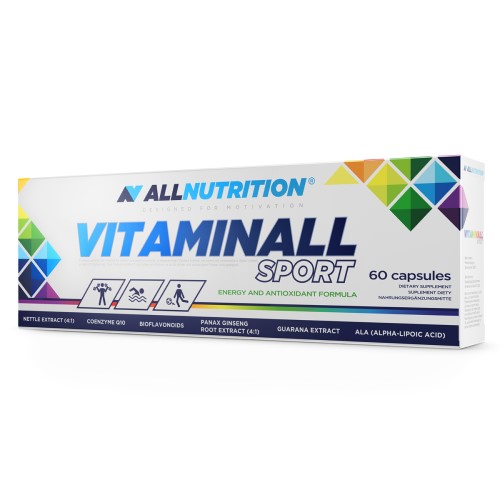 Allnutrition VitaminAll Sport 60 capsules multivitamin and antioxidant supplement for athletes, with nettle extract, coenzyme Q10, bioflavonoids, ginseng, guarana, and ALA, in a white box with colorful geometric accents.