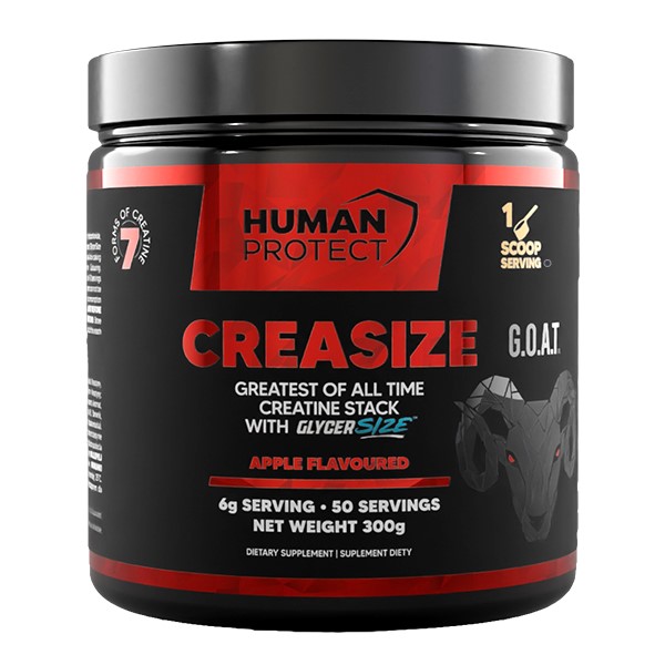 Human Protect CreaSize apple flavoured creatine stack supplement, 300g tub, featuring GlycerSize and 50 servings per container. Black and red packaging with a goat illustration.