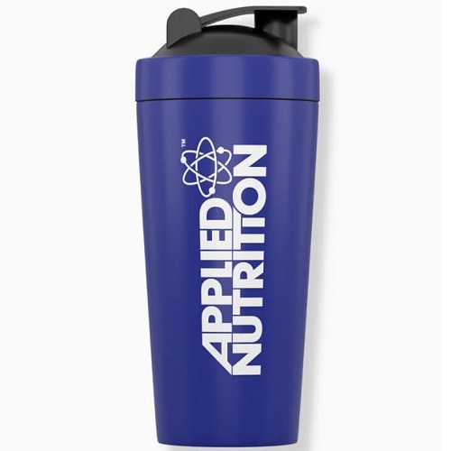 Applied Nutrition Stainless Steel Shaker 750ml in blue, a durable protein shaker bottle with a black lid, suitable for mixing supplements and drinks.