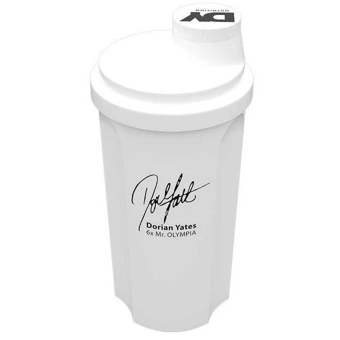 Dorian Yates Shaker 500ml white protein shaker cup with signature and 6x Mr. Olympia branding, suitable for mixing supplements.