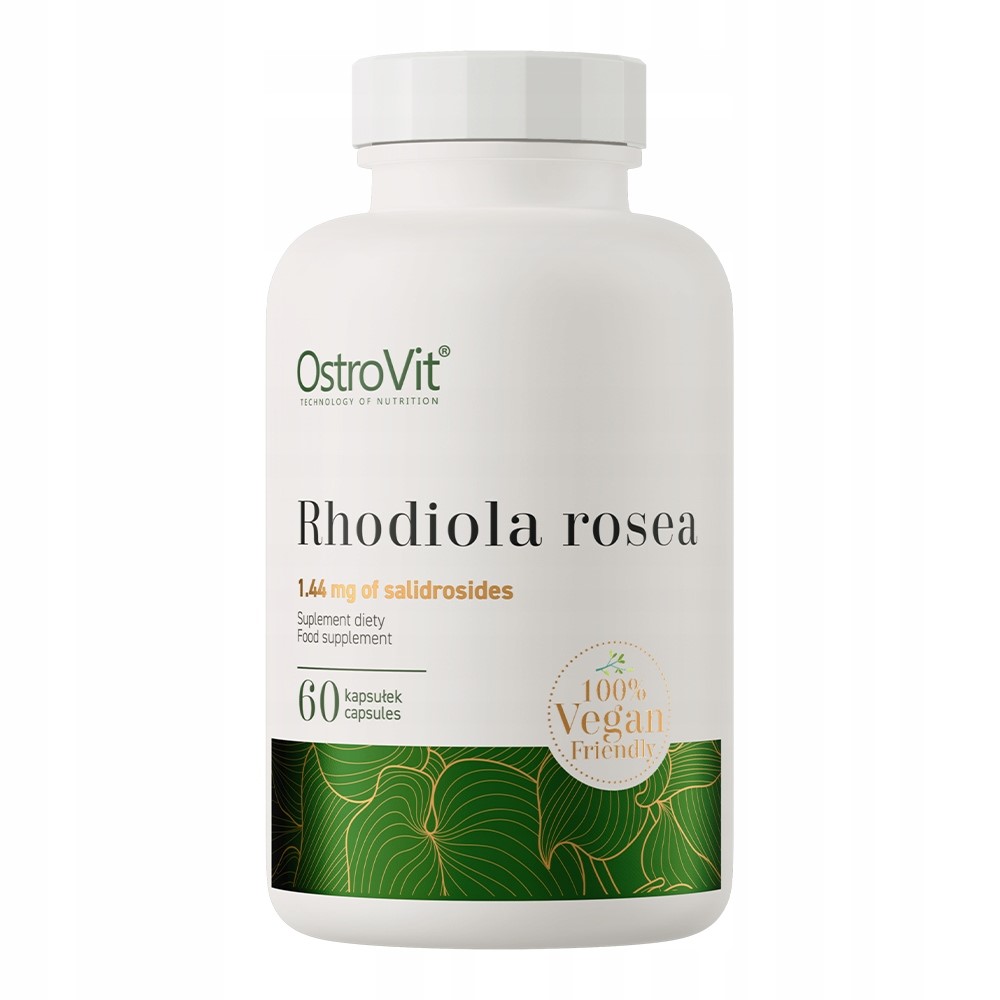 OstroVit Rhodiola Rosea 60 capsules vegan-friendly food supplement with 1.44 mg of salidrosides, in a white bottle with green and gold accents.