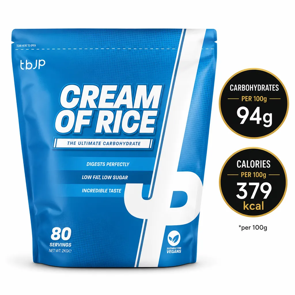 Trained by JP Nutrition Cream of Rice 2000g carbohydrate supplement in a blue pouch with 80 servings