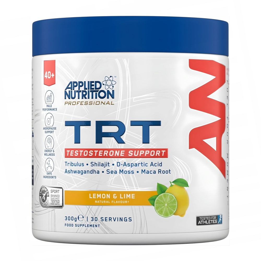 Applied Nutrition TRT Testosterone Support 30 Servings, powder supplement in a branded tub with label details.