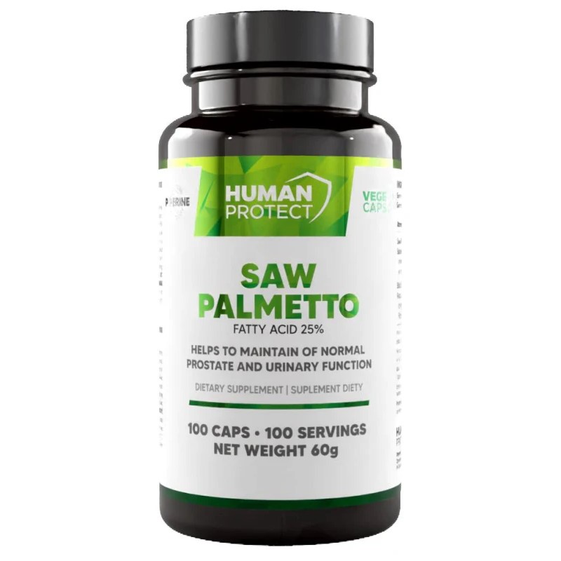 Human Protect Saw Palmetto Fatty Acid 25% dietary supplement, 100 capsules, supports prostate and urinary function, in a black and white bottle with green accents.