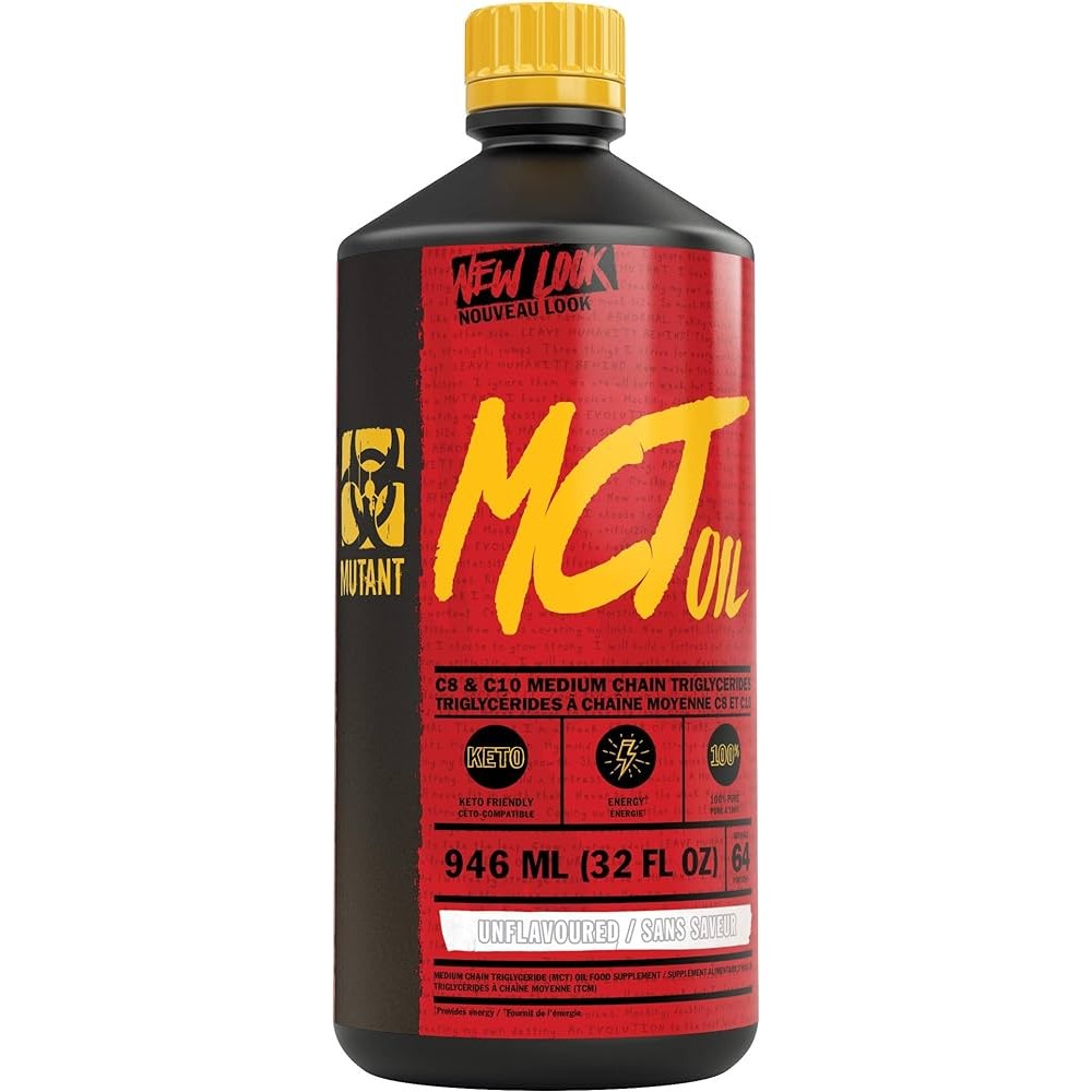 Mutant MCT Oil 946ml unflavoured C8 & C10 medium chain triglycerides supplement in a black and red bottle, keto friendly and energy enhancing.