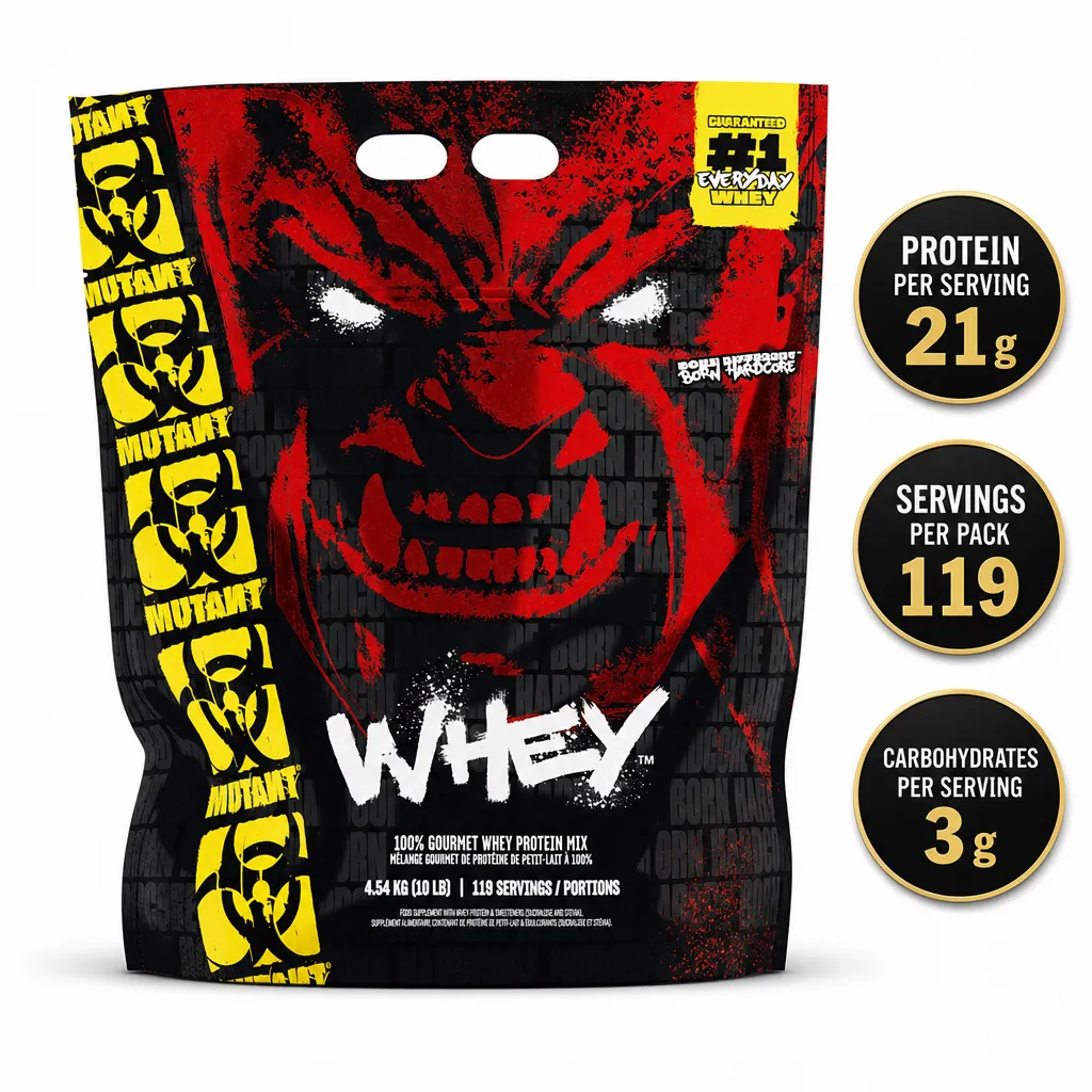 Mutant Whey 4540g whey protein powder in a black and red bag with yellow graphics, 21g protein per serving and 119 servings