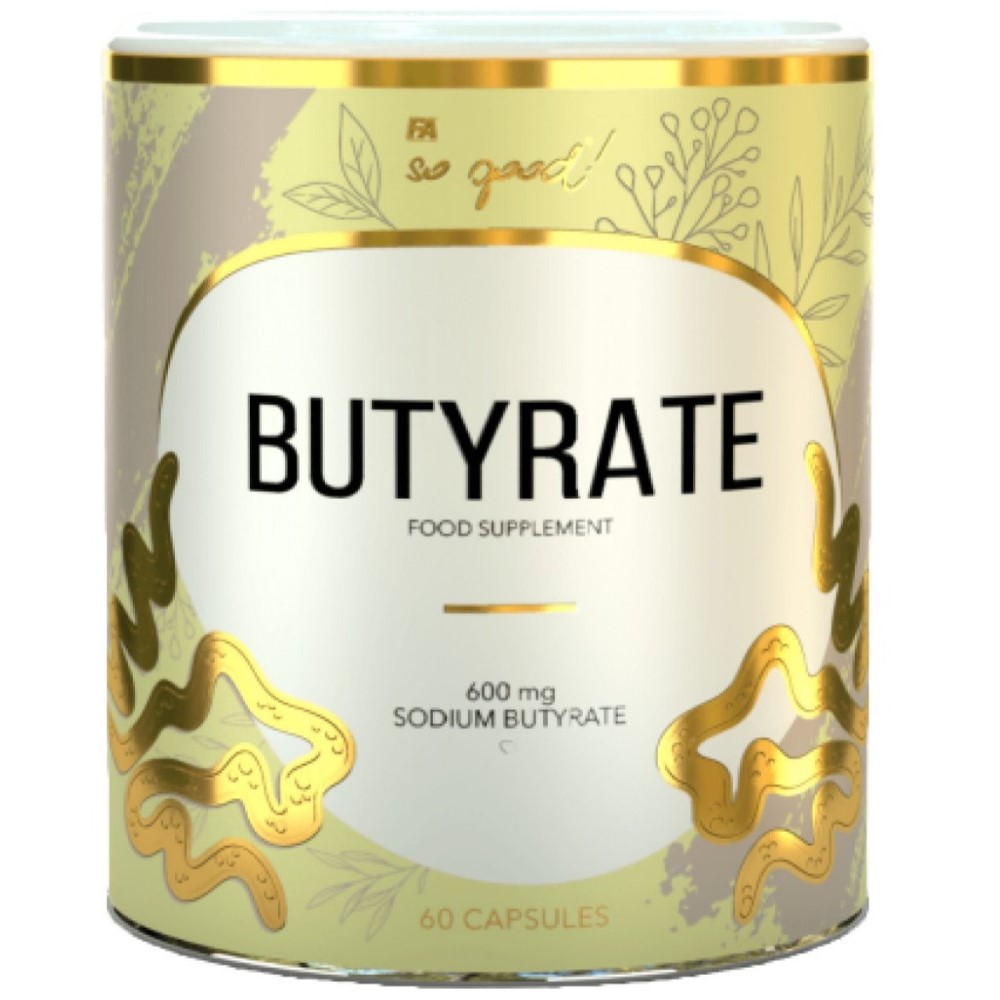 FA So Good! Butyrate 60 Capsules sodium butyrate food supplement in a decorative gold and cream container, 600 mg per capsule.