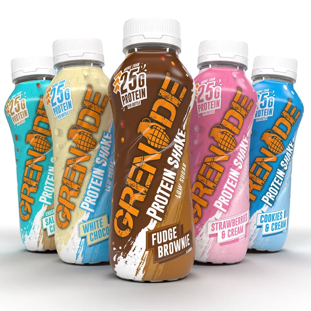 Grenade Shake 330ml x4 pack featuring four ready-to-drink protein shake bottles with branded labels
