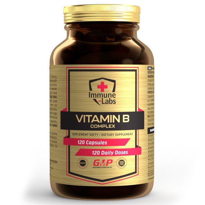 Immune Labs Vitamin B Complex dietary supplement with 120 capsules, providing 120 daily doses, in a brown bottle with a gold label.